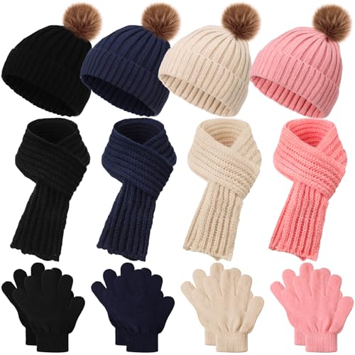 Liitrsh 4 Sets Kids Winter Hat Gloves Scarf Set Girls Boys Knit Hat Long Scarf Snow Gloves Outdoor for Toddler (Vivid Colors)