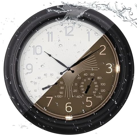 Vigorwise Outdoor Wall Clock, 18 Inch Illuminated Outdoor Waterproof Clocks with Temperature & Hygrometer, Water Resistant Wall Clock for Patio Garden Bathroom, Glow in The Dark Cover