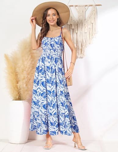 Image of GRACE KARIN Summer Dresses for Women 2026 Vacation,Smocked Floral Maxi Dress,Boho Beach Sundress with Pocket Fashion Clothing