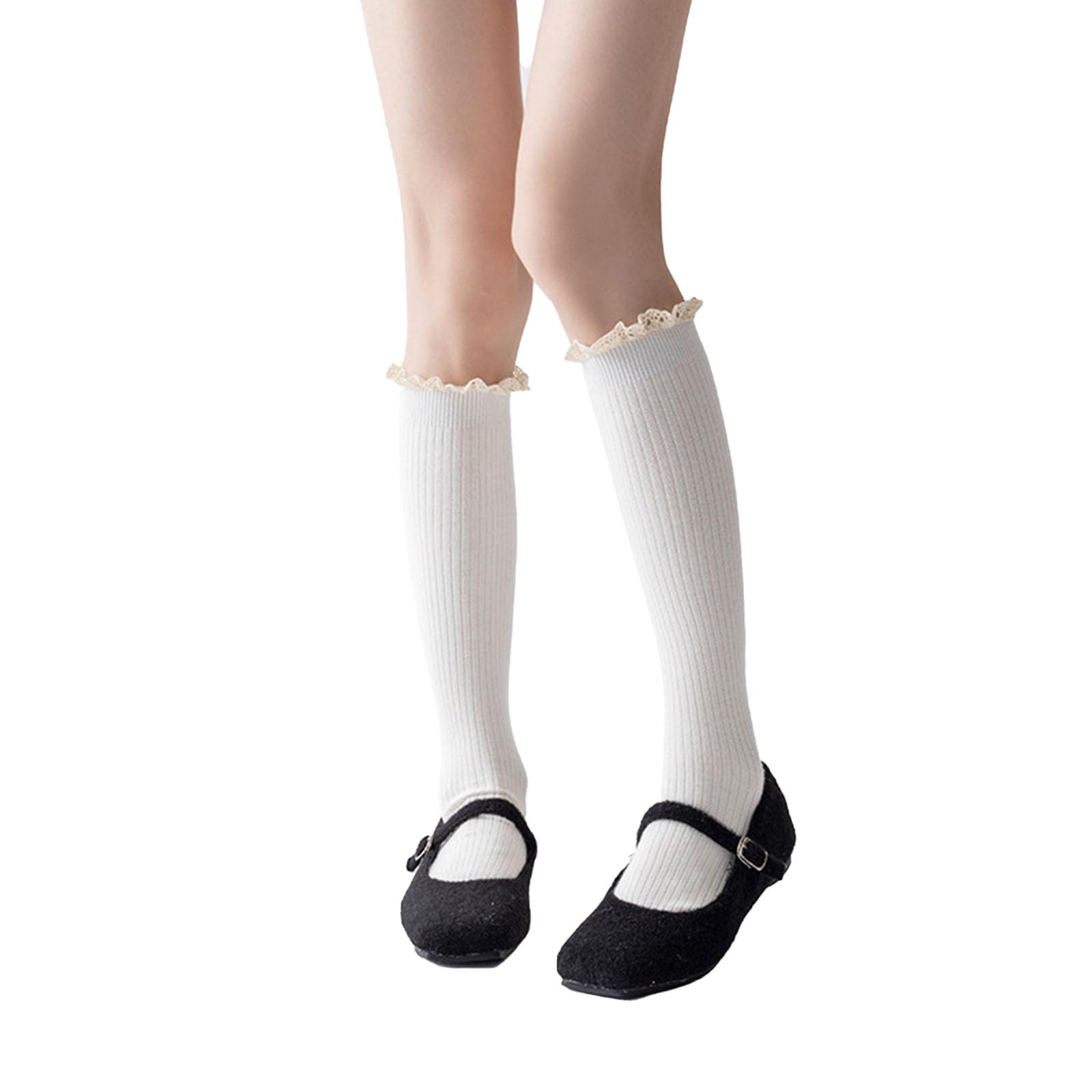 Women Cotton Knit Boot Knee High Socks Lace Trim Knee High Stockings Socks for Boots Casual Chic