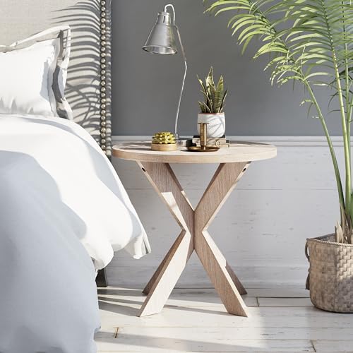 Farmhouse Cross Leg end Table, French Country Accent Side Table for Family, Dinning or Living Room, Small Spaces, Modern, Round, Vintage Grey Finish.