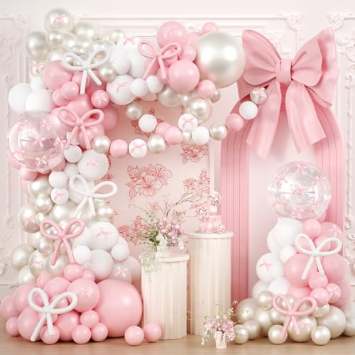Image of Pink Bow Balloons Arch Garland Kit,JOGAMS 199Pcs Pink and White Balloon Arch Kit with 260 Clear Pearl Balloons Ribbon Bow for Bow Coquette Birthday Decorations Bachelor Baby Shower Bridal Shower