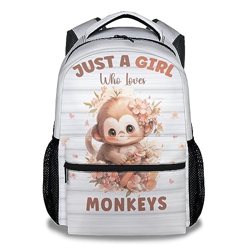 Monkey School Backpack for Kids, 16 Inch White Backpacks for Girls Boys, Cartoon, Durable, Lightweight, Large Capacity Bookbag for Travel