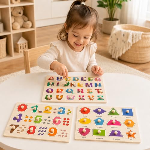 Image of Wooden Peg Puzzles for Toddlers, 3 Pack Large Wooden Knob Puzzles for Ages 3-5, Montessori Shape Matching Toys, Preschool Learning Puzzles for Fine Motor Skills, Birthday Gifts for Boys Girls 3 4 5