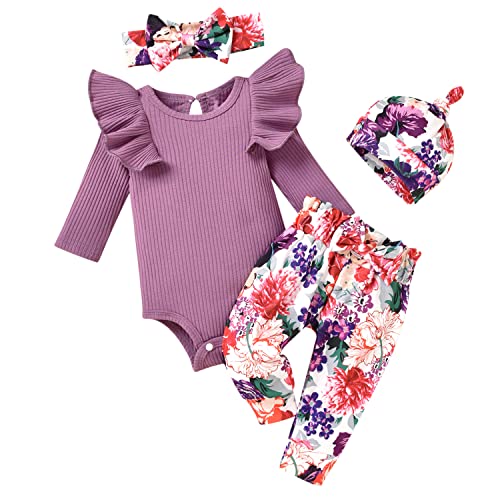 Image of Unutiylo Preemie Newborn Baby Girls Clothes Ribbed Romper Bodysuit Pants Set Ruffle Spring Summer Outfits