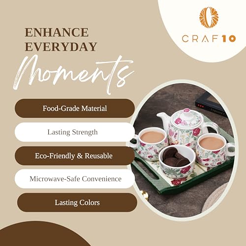 Image of CRAF10 Ceramic Handcrafted Blossom Breeze Small Tea Set - 1 Kettle (350 ML), 2 Cups (160 ML), 1 Bowl (for Sugar or Snacks), 1 Tray | Microwave & Dishwasher Safe | Teapot | Gifting Option