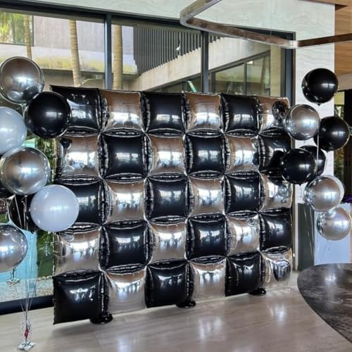 Image of Black and Silver Double Sided Square Foil Balloons Wall,19 Inches Chrome Silver Metallic Foil Balloons Tunnel Arch Kit for 2026 Graduation Decorations,Anniversary Birthday Party Background Decoration