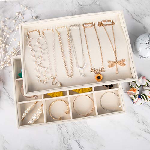 Mebbay Large Stackable Velvet Jewelry Trays Organizer, Jewelry Storage Display Trays For Drawer, Earring Necklace Bracelet Ring Organizer, Set Of 4 (Warm White), 13.8" X 9.5" X 1.18" #TOP4