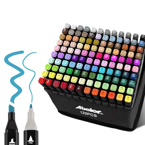 ABEIER Feutre a Alcool,120 Couleurs Feutre Alcool Double Pointe Permanents Marqueur Kit,Marqueurs de Dessin Pour Adultes Peinture,Twinmarkers Créatif pour Débutants Graffiti DIY Art Esquisse