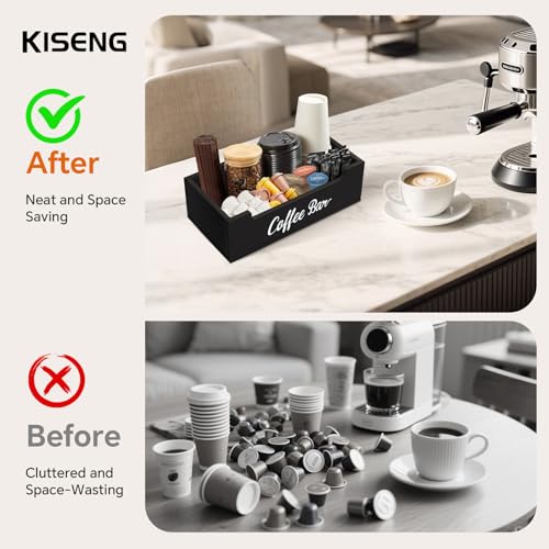 KISENG Coffee Pod Bar Station Wooden 13\" X 7\" X 4\" Organizer Box for Countertop, Counter Top Tea Espresso Cup Wood Storage Box, Black
