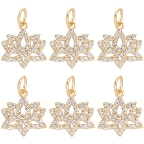 Beebeecraft 1 Box 6Pcs Lotus Flower Charms 18K Gold Plated Brass Cubic Zirconia Flower Yoga Beads Charms Crafts Supplies for DIY Necklace Bracelet Earrings