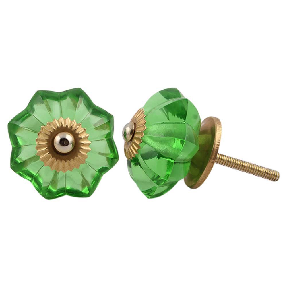 IndianShelf 1 Piece Green Glass Unique Kitchen Cabinet Knobs for Wardrobe Furniture Drawer Cupboard Door Dresser Cabinet Marigold Flower Melon Nursery Pulls Knob