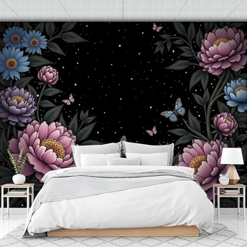 Negro Fondo De Pantalla Panorámica 3D, Borde Floral Retro Fotomurales Mural 300 X 210 Cm (An X Al), Estilo Romántico Fantasía, Decoración De Pared Para Sala Cuarto Oficina Y Salón