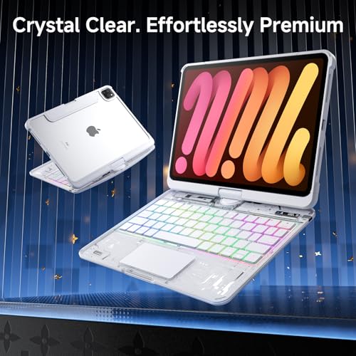 Image of Clear Wireless Keyboard Case for iPad mini 7 A17 Pro (2024) / Mini 6 (2021) 8.3 inch w /Multi-Touch Trackpad, 7-Color Backlit, Pen Holder, 360 Rotating Case for iPad mini 7th /6th Generation,White