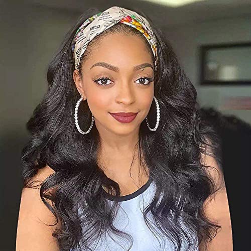 Headband Wig For Women Long Body Wave Natural Black Wig 26 Inch Synthetic High Temperature Resistant Half Wavy Wig For Daily Party(1B)