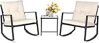 SUNCROWN 3-Piece Outdoor Rocking Bistro Set - Beige Cushions, Black Wicker Chairs, Glass Coffee Table for Porch Patio
