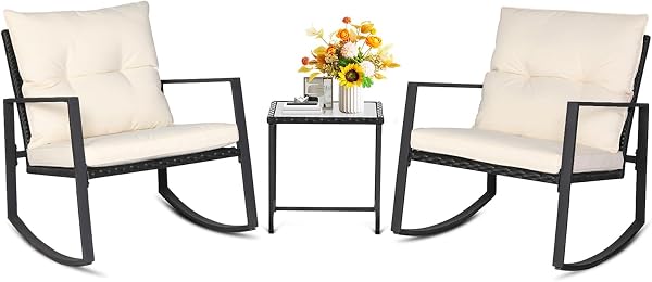 SUNCROWN 3 Piece Outdoor Rocking Bistro Set Black Wicker Furniture Porch Chairs Conversation Sets with Glass Coffee Tabl