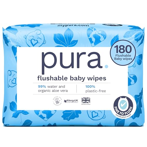 Pura Toallitas Desechables WC Para Bebés, 180 Toallitas (3 x 60 Toallitas), 100% Toallitas Húmedas Libres de Plástico, 99% Agua, Piel Sensible, Biodegradables, Algodón Orgánico