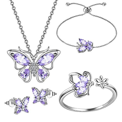 Hipunk Butterfly Blue Jewelry Sets Birthstone Women 925 Sterling Silver June-Alexandrite Birth Stone Animal Butterflies Jewelry Sets/Earring/Ring/Bracelet Set Crystal Birthday Jewelry SS0003U