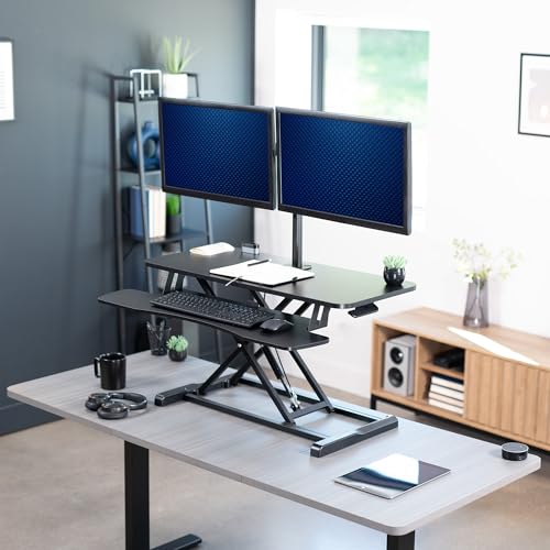 Image of VIVO Height Adjustable 36 inch Standing Desk Converter with Dual 13 to 30 inch Monitor Stand, Sit Stand Monitor Mount and Desk Riser, Black, DESK-V036K-M2