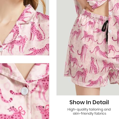 Image of Funny Pajamas for Women Set Print Satin Loungewear Pjs Short Sleeve Button Down Top and Shorts Sets Sleepwear XS-3XL