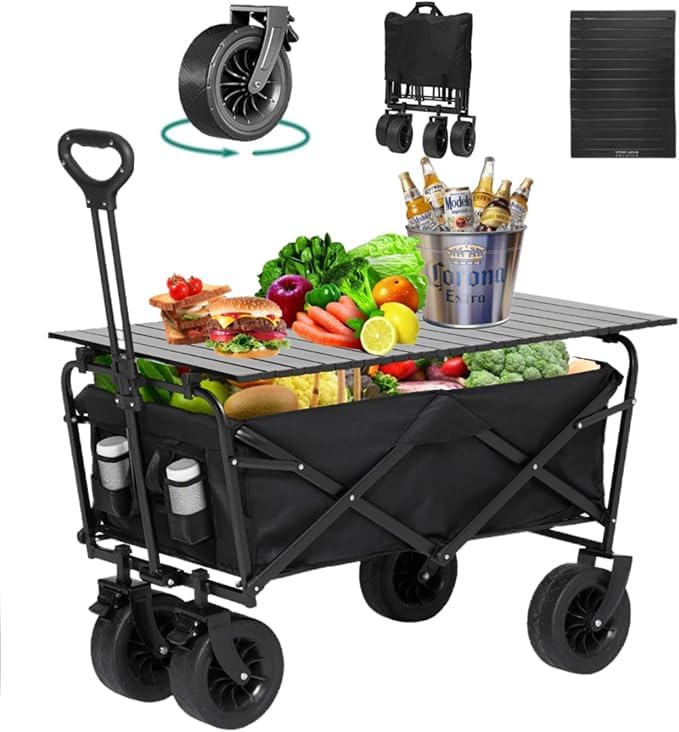 Folding Outdoor Utility Wagon, Iron Folding Table top,Park Picnic, All Terrain Wheels & Drink Holders, Portable Sports Wagon for Camping, Shopping,,Garden and Beach, With Dual Brakes.