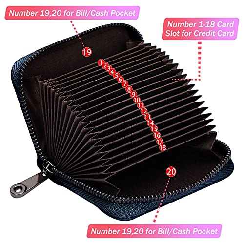 Image of LINNO RFID 20 Card Slots Credit Card Holder Genuine Leather Small Card Case for Women or Men Accordion Wallet with Zipper, Dark Blue,