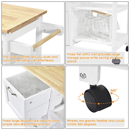 NSdirect Kitchen Island Cart,Industrial Kitchen Bar&Serving Cart Rolling Utility Storage Cart with 3-Tier Wine Rack Shelves&Three Storage Drawers,Soild Rubber Wood Top - Thumbnail 6