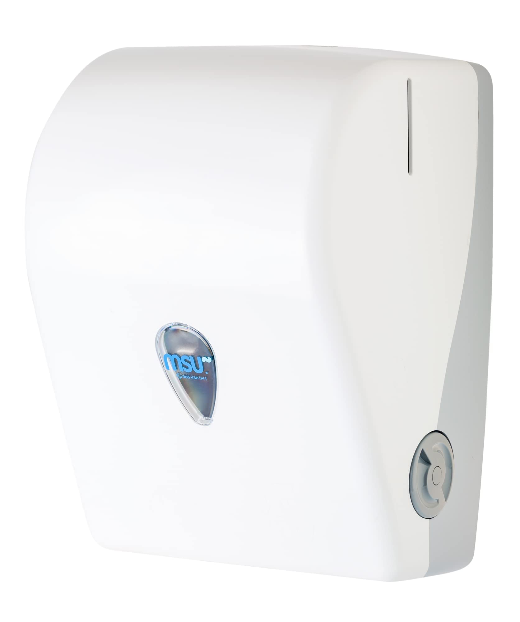 MSU - Dispensador de Papel Autocortante con Cierre de Seguridad | Capacidad Ø 210mm | Incluye Tornillos y Llave | Ideal para Toallas Papel Secamanos, Servilletas Zig Zag, Blanco, Policarbonato