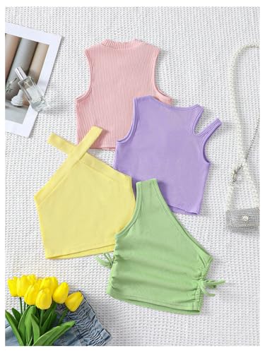 Image of Milumia Girl's 4 Pack Rib Knitted Asymmetrical Neck Sleeveless Fitted Basic Tank Tops