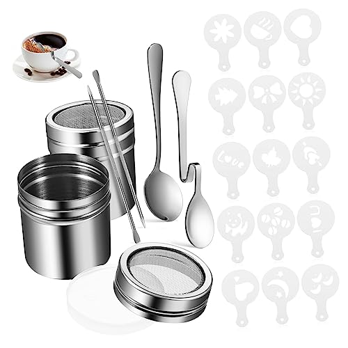 Luxshiny 1 Juego De Dispensador De Plantillas De Café Juego De 22 Piezas Accesorios De Arte Latte Frascos Batidora De Azúcar En Polvo Azucarero Contenedor De Batidora De Polvo