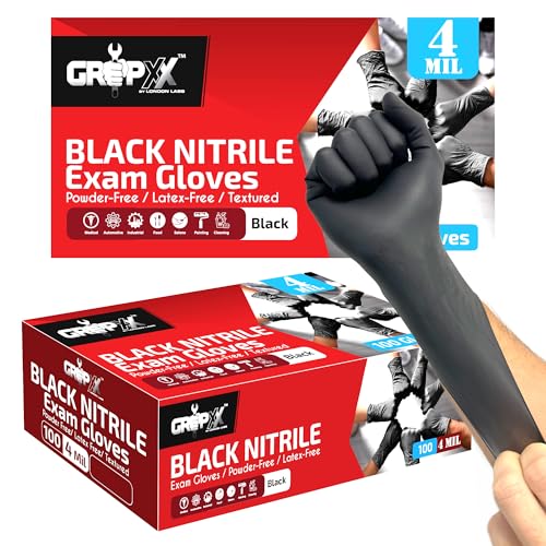London Labs Black Nitrile Gloves Disposable Latex Free & Powder Free,4 Mil Rubber Glove, Cleaning, Cooking, Mechanic, Tattoo (200 Count, X-Large)
