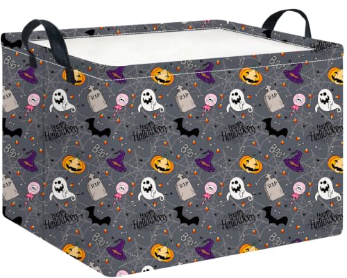 Image of CLOCOR Rectangular Storage Basket,Collapsible Cute Pattern Storage Bin,Waterproof Books Box with Handles,Gift Basket(Grey Tombstone Halloween)