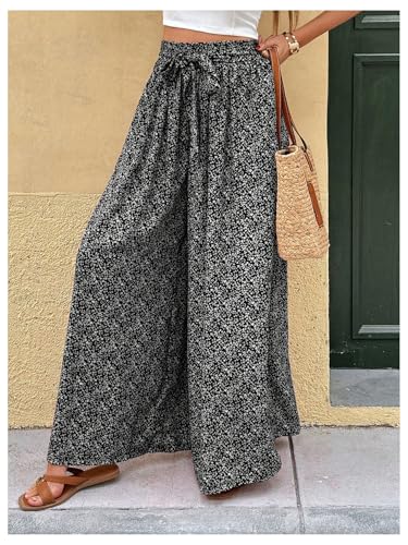 Women's Ditsy Floral Palazzo Flowy Pants Elastic High Waist Wide Leg Boho Vacation Long Trousers Black Medium3