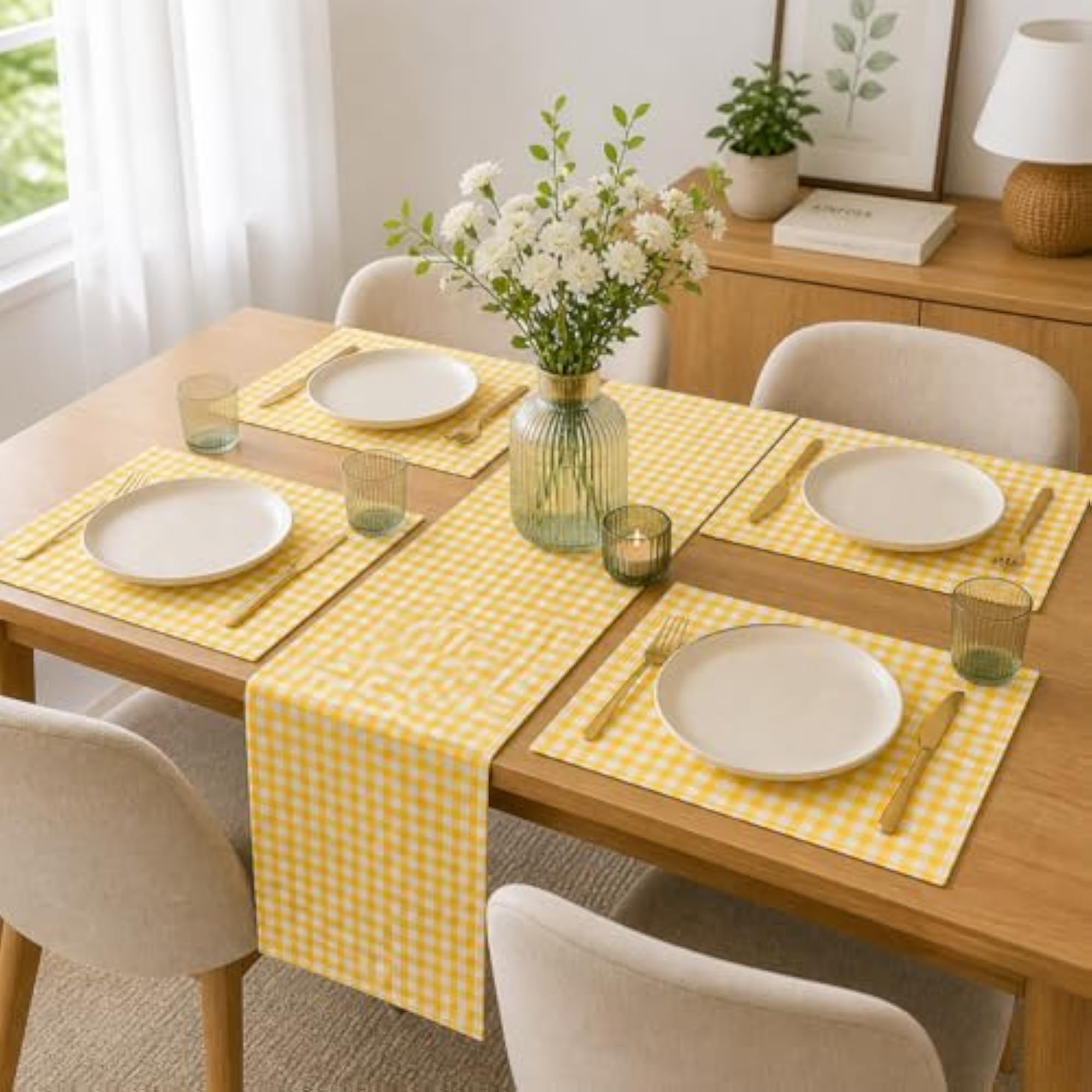 Table Mats Set with Runner, Yellow & White Checkered Design