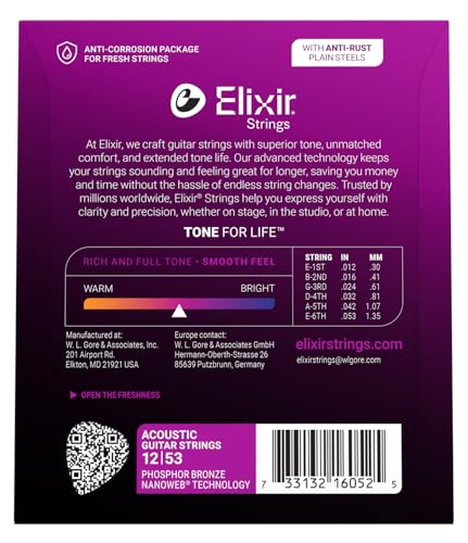 elixir strings acoustic guitar strings phosphor bronze with nanoweb coating longest-lasting rich and full tone with comfortable feel 6 string set light 12-53