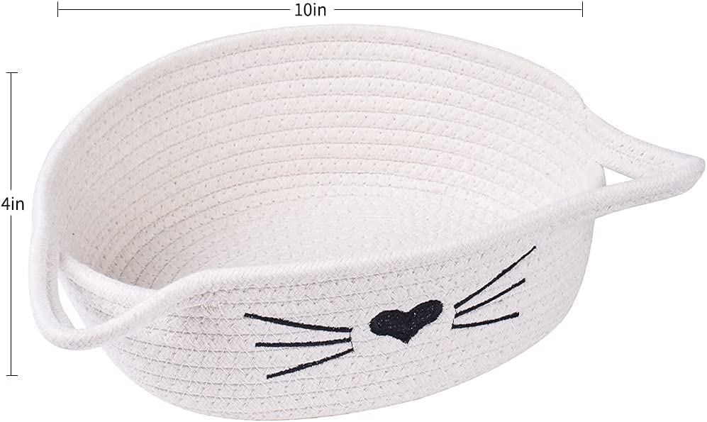 ☆LBY® Small Woven Basket Cotton Rope Basket with Cat Ears Little Storage Baskets for Organizing Bins Organizer Wicker Nursery Room for Kids Baby Dog Toy Drawer Gifts 9.5"x8.5"x4", (White) 1