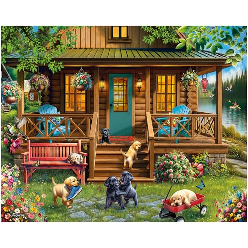 White Mountain 1000 Piece Jigsaw Puzzle Spring Lake Cabin, Porch Puppies | Large Pieces, Gift for Adults and Family, 24"x30" in