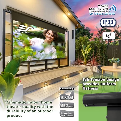 Image of Elite Screens Yard Master Tab-Tension 2 Wireless 140 Inch Outdoor Motorized Projector Screen, 16:9 Battery Operated, IP33 Rated, RF Remote, 4K 8K HDR - OMS140WHT2-ELECT-BAT
