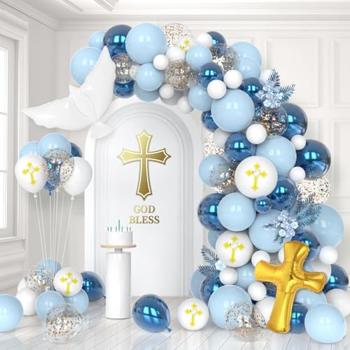 Image of 132Pcs God Bless Baptism Blue Balloon Garland Arch Kit First Holy Communion Decoration Christian Religious Party Decor Cross Dove Balloon Girl Mi Bautizo Christening Birthday Baby Shower Party Supplie