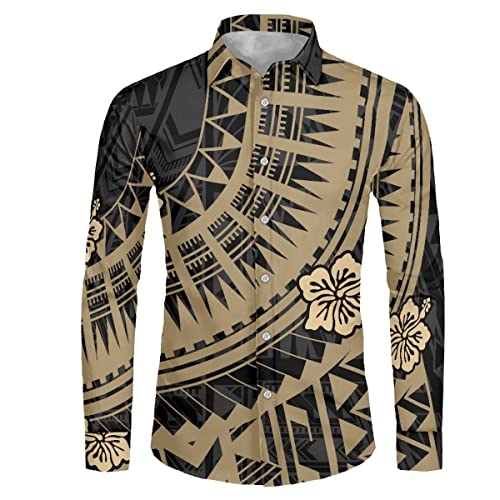Mens Polynesian Tribal Print Casual Long Sleeve Button Down Aloha Hawaiian Dress Shirt