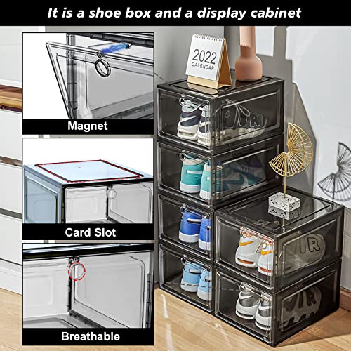 Kroshine Shoe Boxes Clear Plastic Stackable,6 Pack Shoe Organizer For Sneaker Storage With Magnetic Front Door Shoe Display Case Shoe Containers,Easy Assembly(13.6"X10.6"X7.7" Clear Black) #TOP2