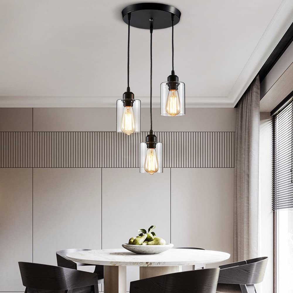 Retro 3 światła oświetlenie wisiorka, Podstawa Loft Loft Loft przemysłowe wyposażenie lamp wiszących, z szklanym matowym czarnym żyrandolą, do kuchni, wiejskiej restauracji kawiarni