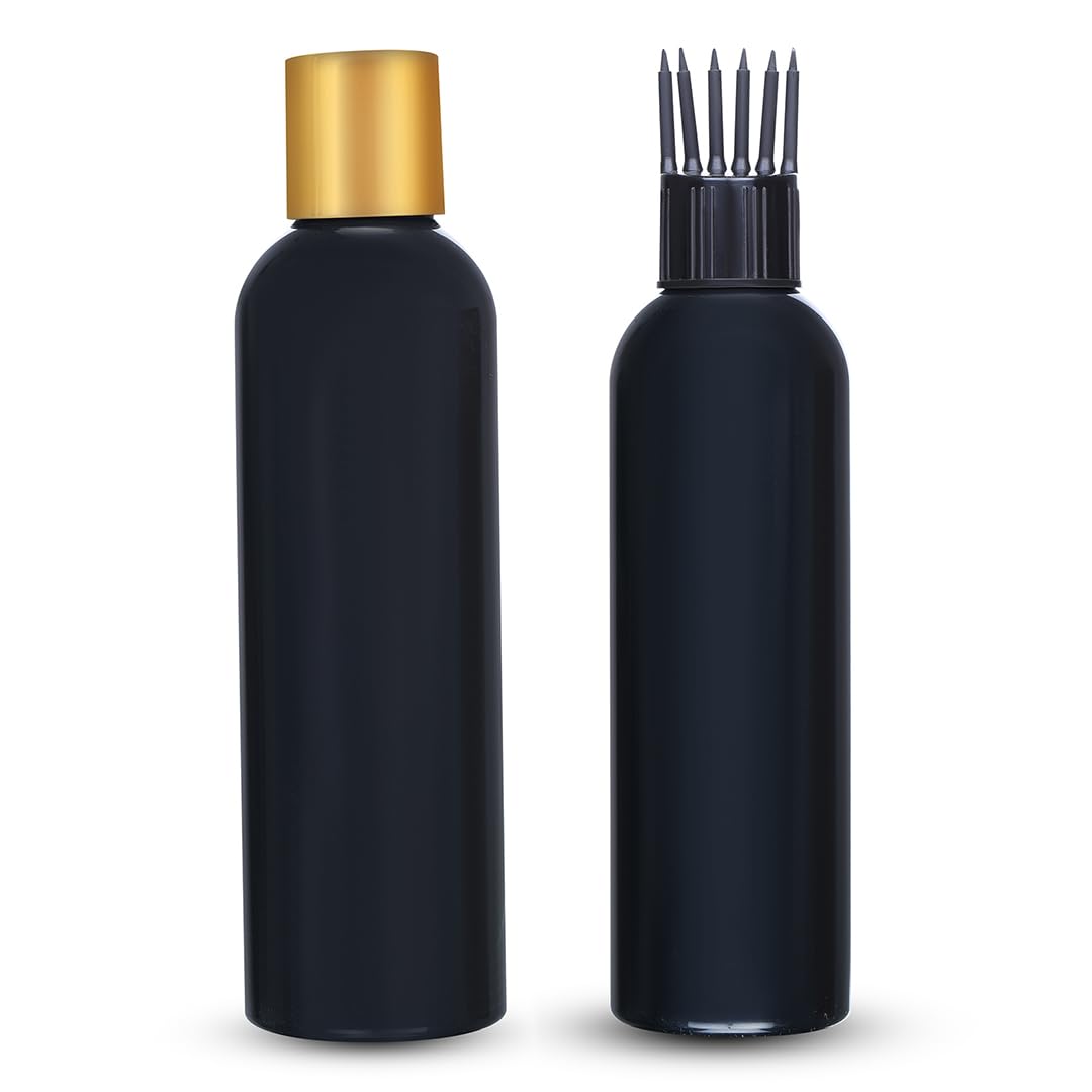 Aayuleubeda Badi Care ABC Plastic Hair Root Applicator Bottle With Comb Cap For Applying Hair Oil, Shampoo And Medicine 200 Ml Pack Of 2 (Black)