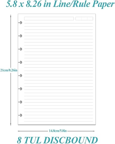 Miniatura 5 de A5 TUL - Papel de repuesto forrado con disco, 8 discos, papel de relleno con rayas de disco, 100 hojas200 páginas, papel blanco de 3.53 ozm, 5.8 x