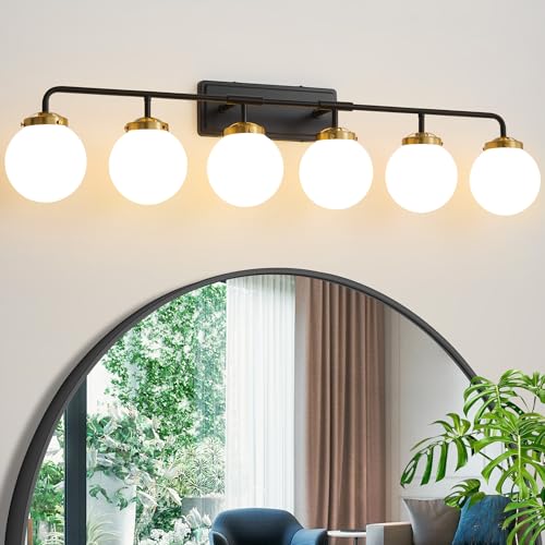 Image of Bathroom Light Fixtures 45.3in 6-Light Black Gold Vanity Lights for Mirror | Bathroom Lighting Fixtures over Mirror, ETL, Brushed Brass Wall Sconce, Dimmable E12 Base Max 60W, Milky Glass Ball Shades