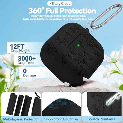 Image of Meyaar Silicone Case for AirPods 4 Floral Embossed, Flower Engraved Soft Silicone Cover with Keychain, Anti-Scratch, Shockproof Protective Case Cover (Black, for AirPods 4 (2024)