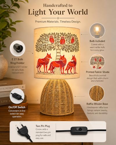 Image of Homesake Handwoven Rattan Table Lamp with Gond Art Printed Fabric Shade, Decorative Raffia Oval Bedside Lamp, Boho Cane Table Lamp with E27 Holder, Living Room & Bedroom Home Decor