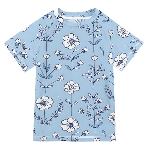 ALAZA Boys Swim Shirts Toddler Rash Guard Short Sleeve Rashguard Simple Line Flowers UPF 50+ 11-12T