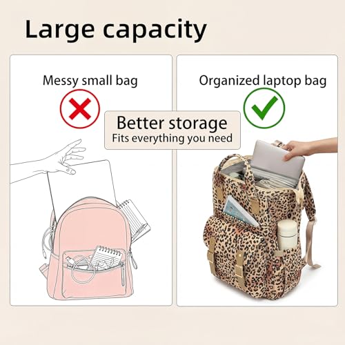 Image of Corduroy Laptop Backpack for Women 15.6 Inch Stylish College School Bookbag, Business Work & Travel Computer Backpacks (Leopard Brown)
